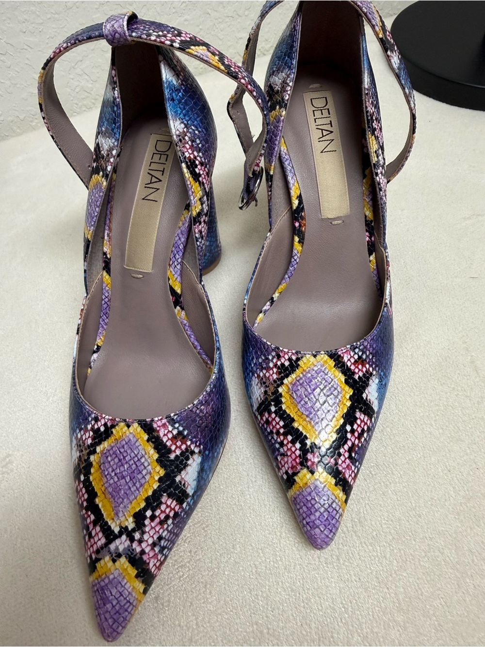 Delta Purple Multi Snakeskin Pointed Toe Slingback Heels